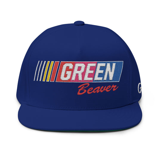 Embroidered GREENBEAVER Racing Flat Bill Cap w/ Green Underbrim