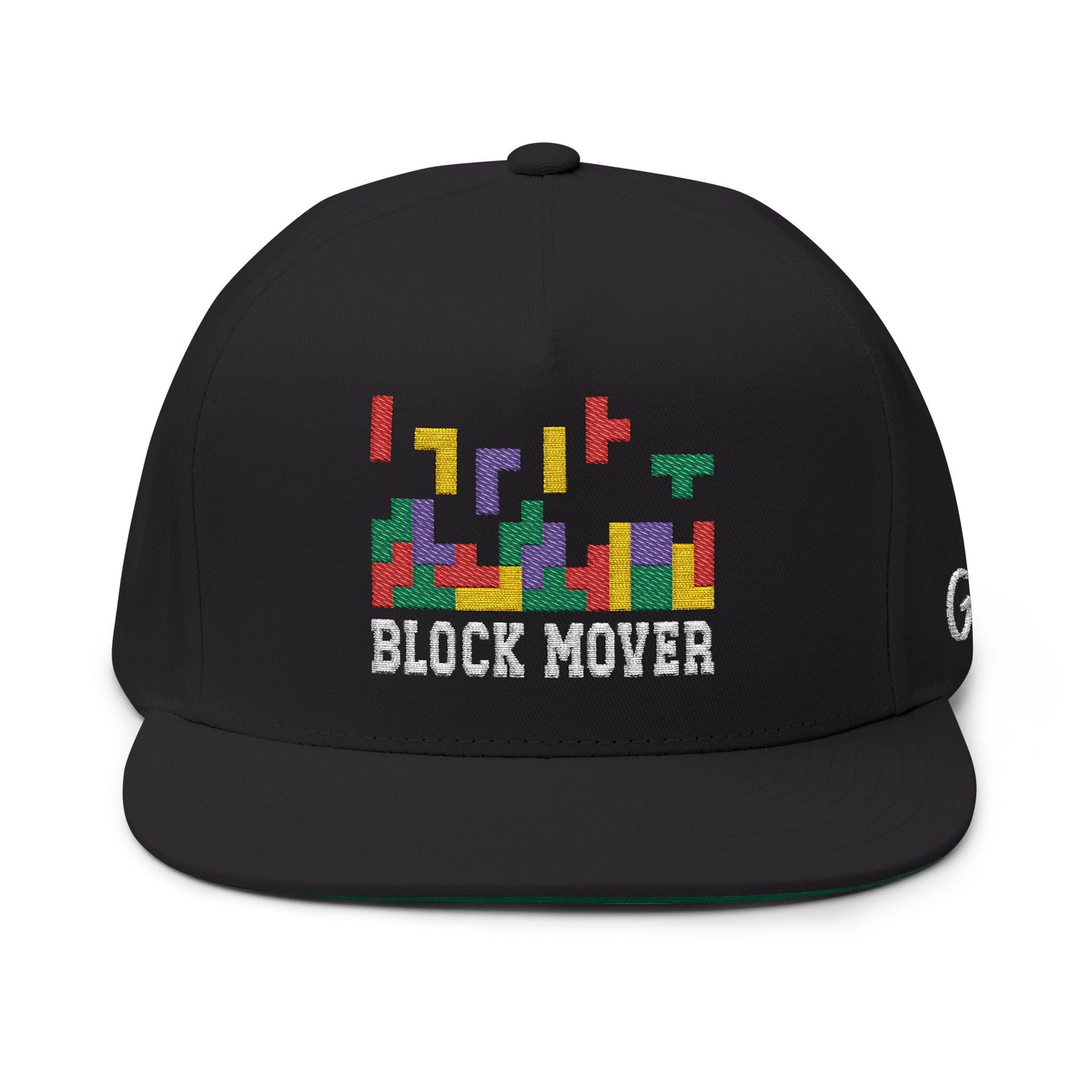 Embroidered Block Mover Flat Bill Cap w/ Green Underbrim