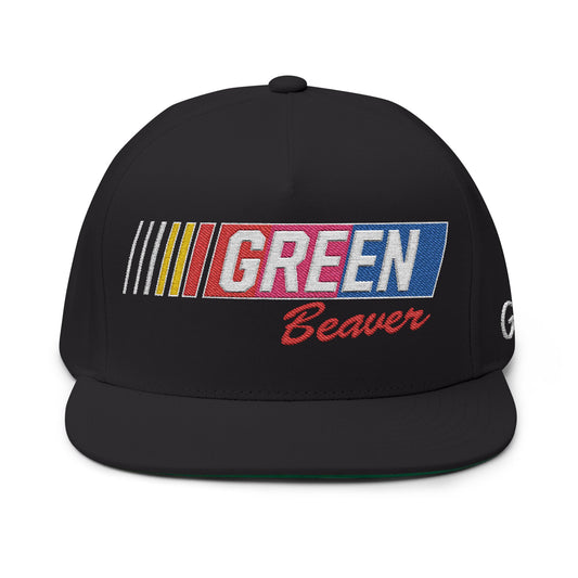 Embroidered GREENBEAVER Racing Flat Bill Cap w/ Green Underbrim