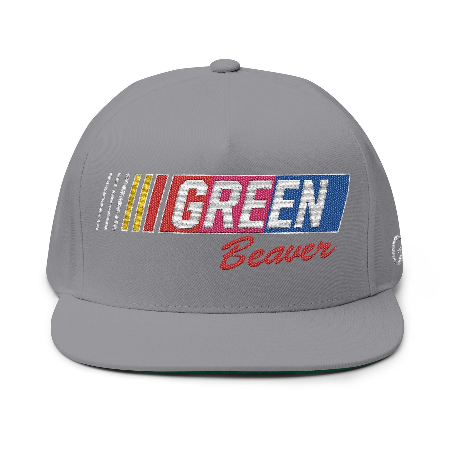 Embroidered GREENBEAVER Racing Flat Bill Cap w/ Green Underbrim